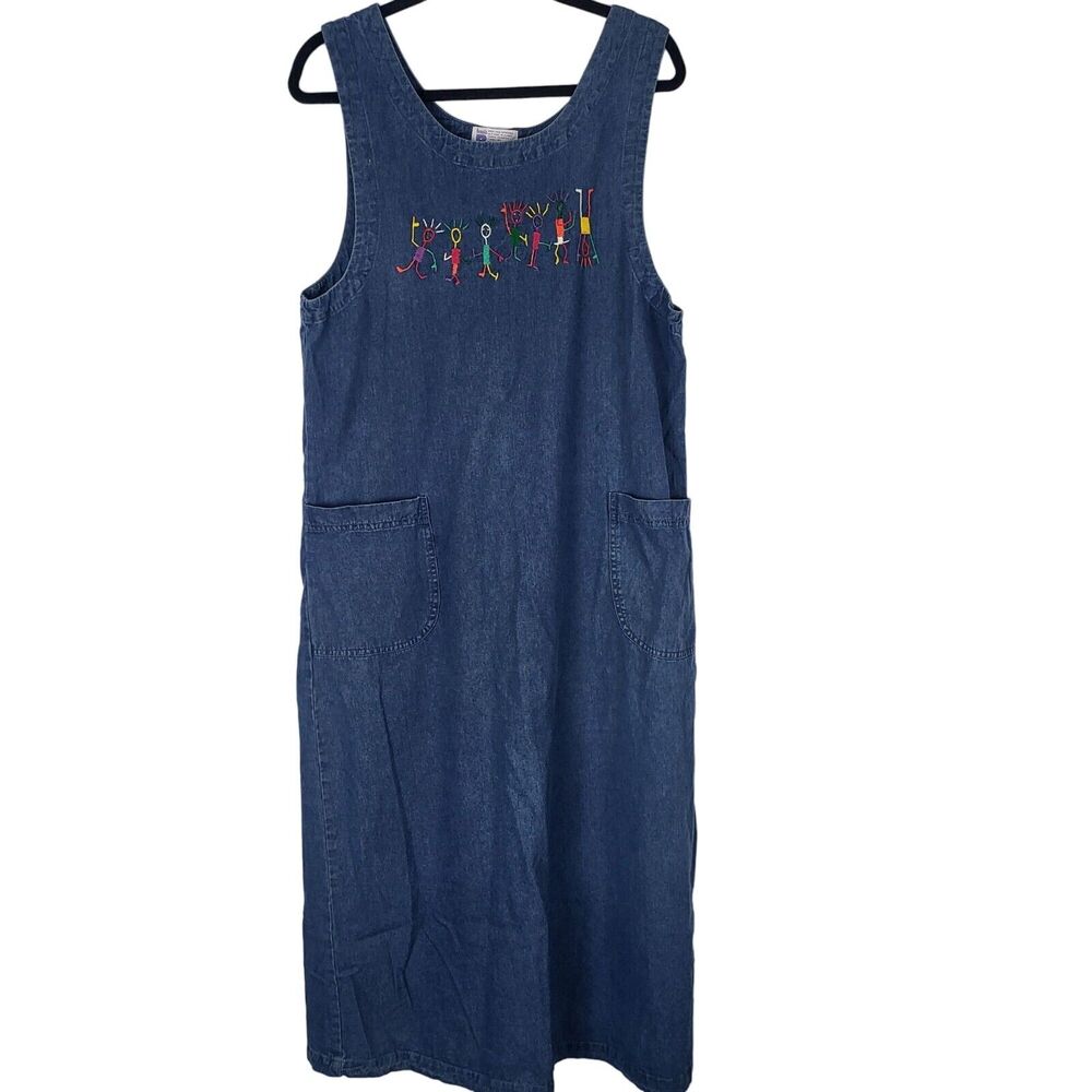 Vintage Renata B‎ Denim Maxi Dress M Womens Sleeveless Family Character Pockets
